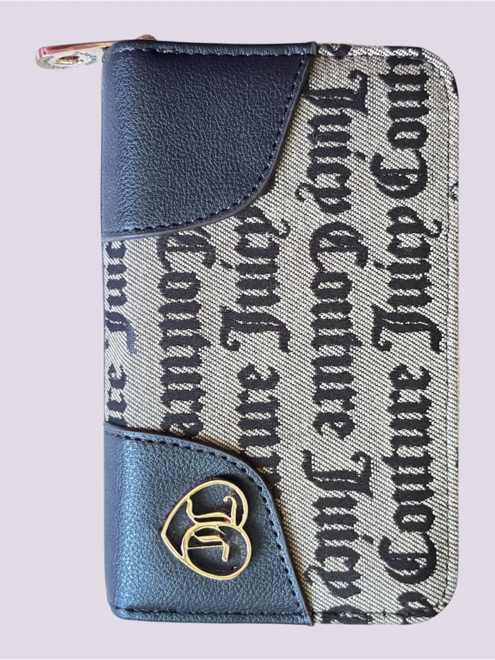 Juicy Couture Black and Beige Logo Zip Wallet with Gold Heart Emblem y2k clutch